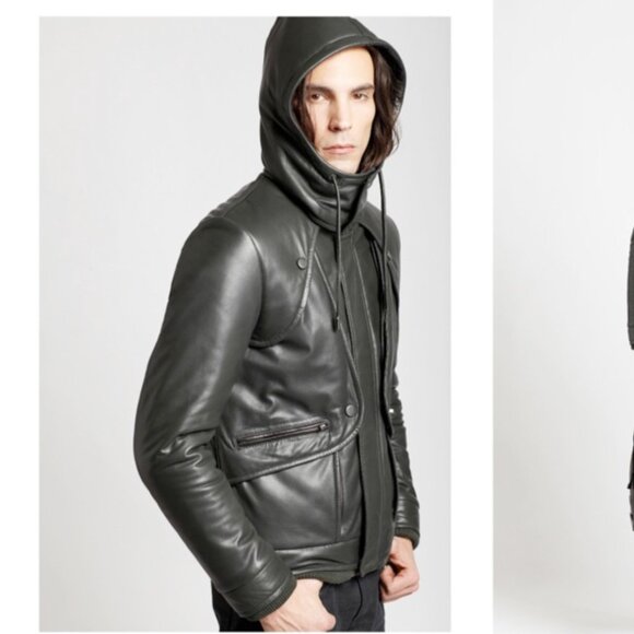 Barnabe Hardy Lamb Skin Green Hooded Bomber Coat Jacket France puffer 50 L - Picture 4 of 16